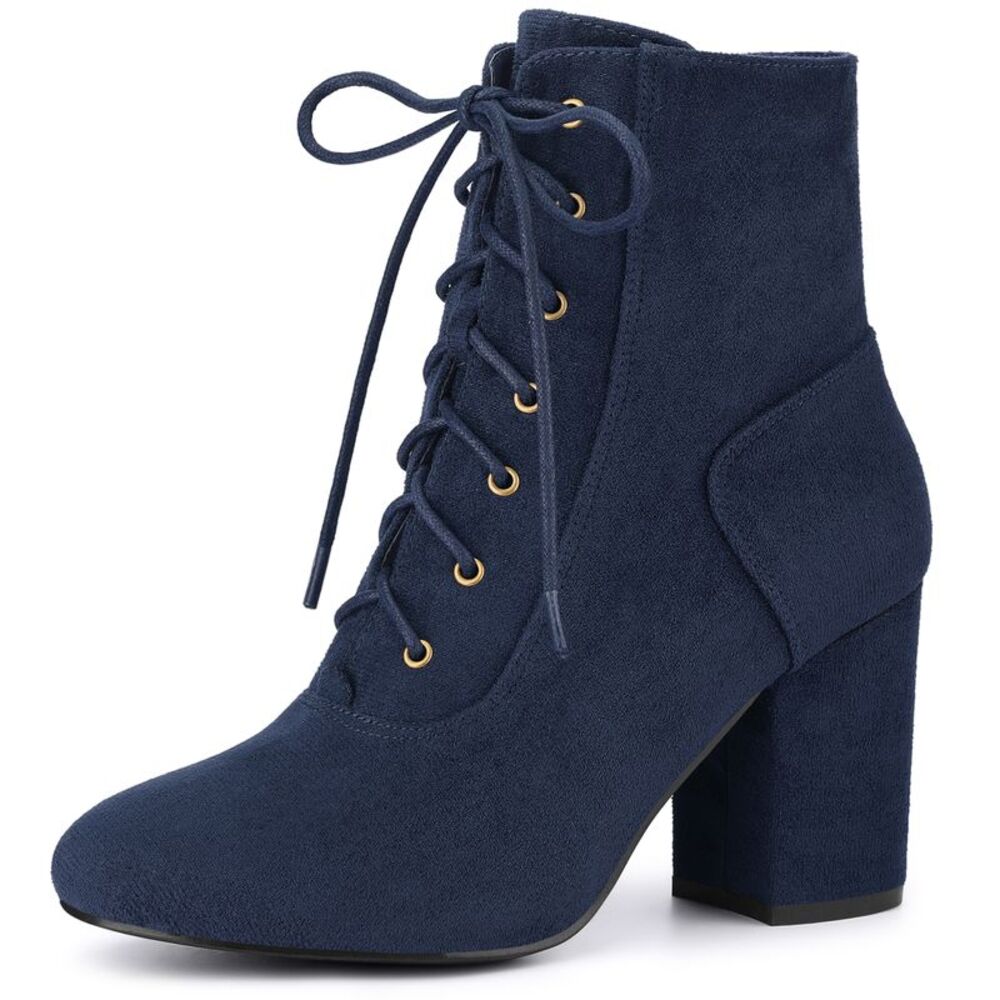 Round Toe Chunky High Heel Lace Up Booties Navy Blue